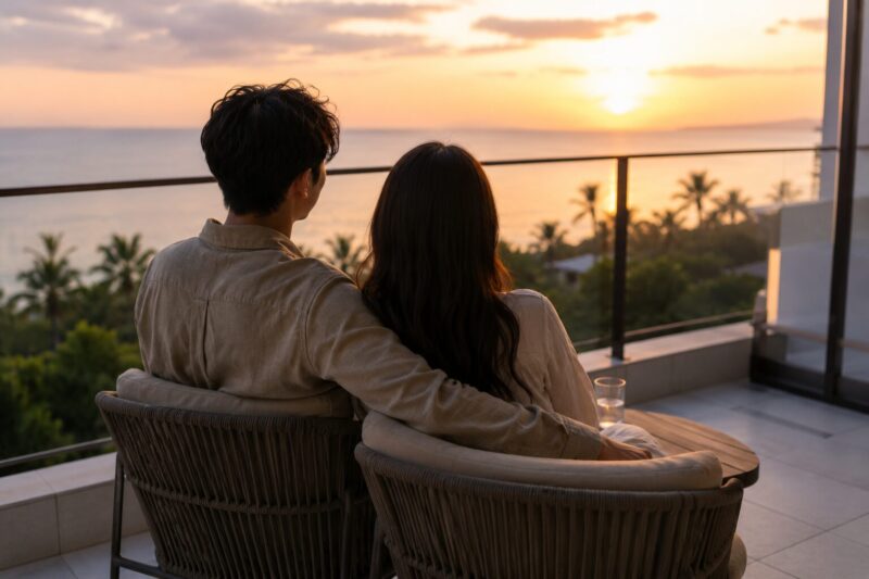 旅行先のホテルで夕日を眺めながら寄り添うカップル
