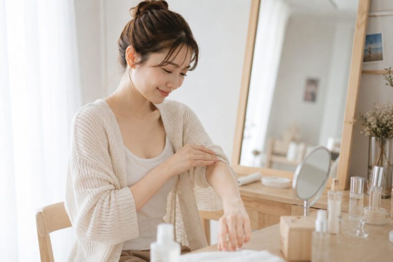自宅でスキンケアをする女性