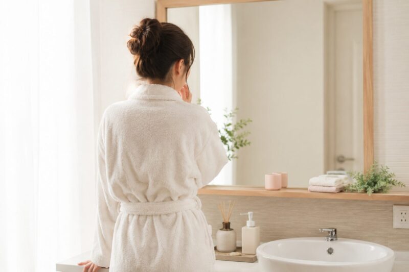 鏡の前で自分の肌について考える女性